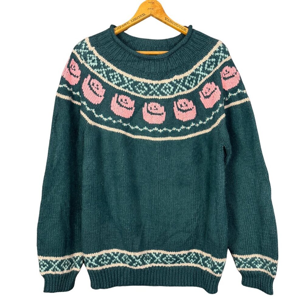 Vintage 90s Hand-Knit Rose Sweater – Forest Green, Floral Pattern – Cottagecore